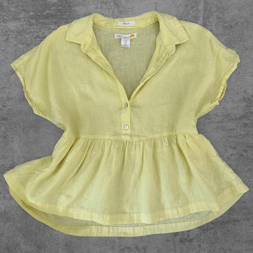 C&C California Womens Yellow 100% Linen Peplum Babydoll Blouse Top Small
